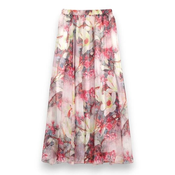 Pink Floral Flowy Lightweight A-line Maxi Skirt NEW - Picture 3 of 3